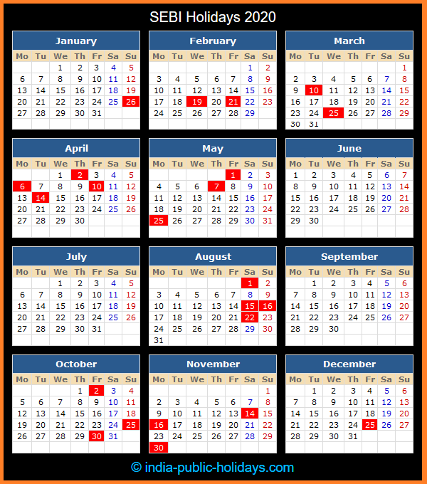 SEBI Holiday Calendar 2020